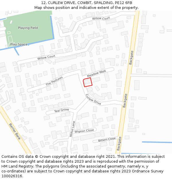 12, CURLEW DRIVE, COWBIT, SPALDING, PE12 6FB: Location map and indicative extent of plot