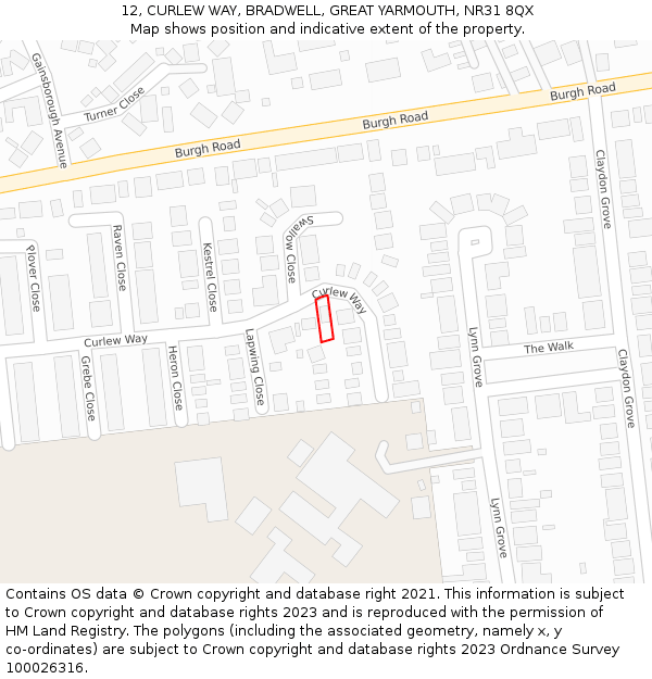 12, CURLEW WAY, BRADWELL, GREAT YARMOUTH, NR31 8QX: Location map and indicative extent of plot