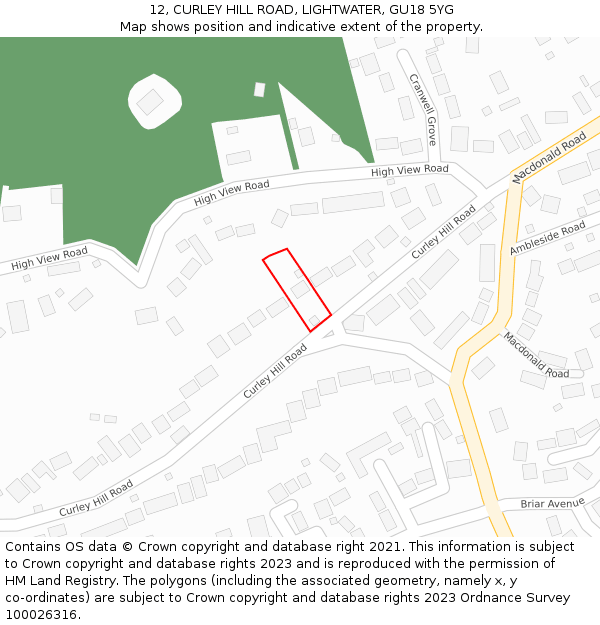 12, CURLEY HILL ROAD, LIGHTWATER, GU18 5YG: Location map and indicative extent of plot