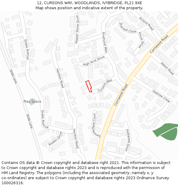 12, CURSONS WAY, WOODLANDS, IVYBRIDGE, PL21 9XE: Location map and indicative extent of plot