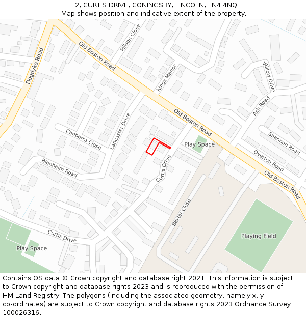 12, CURTIS DRIVE, CONINGSBY, LINCOLN, LN4 4NQ: Location map and indicative extent of plot