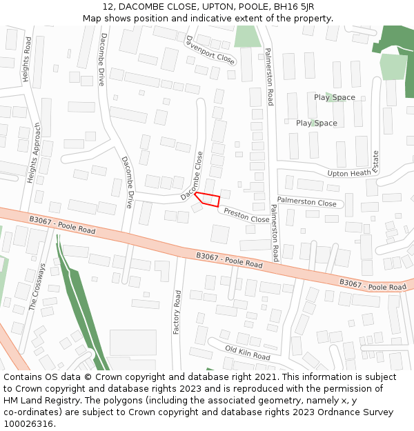 12, DACOMBE CLOSE, UPTON, POOLE, BH16 5JR: Location map and indicative extent of plot