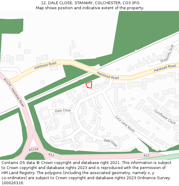 12, DALE CLOSE, STANWAY, COLCHESTER, CO3 0FG: Location map and indicative extent of plot