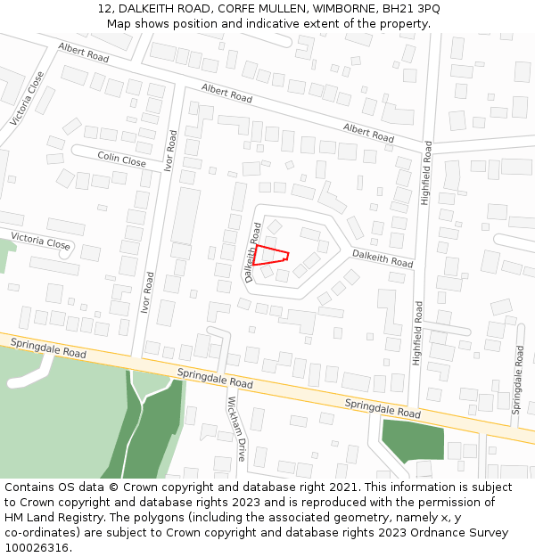 12, DALKEITH ROAD, CORFE MULLEN, WIMBORNE, BH21 3PQ: Location map and indicative extent of plot