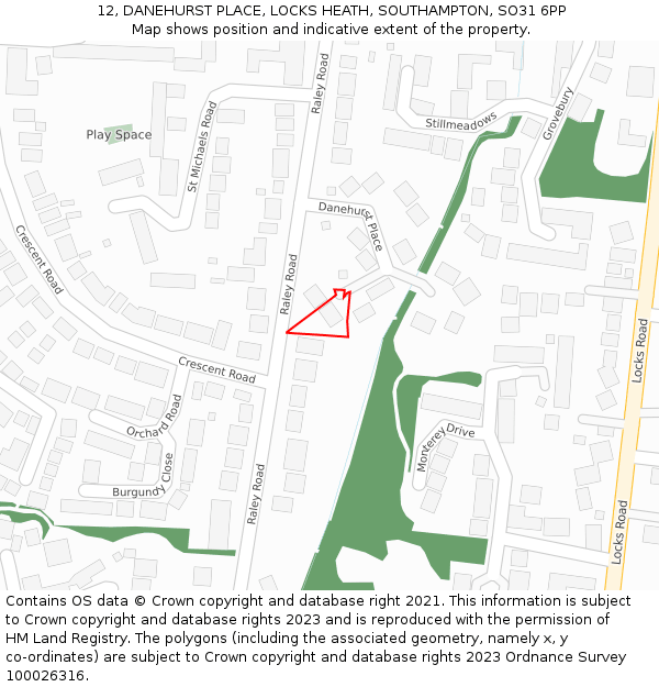 12, DANEHURST PLACE, LOCKS HEATH, SOUTHAMPTON, SO31 6PP: Location map and indicative extent of plot