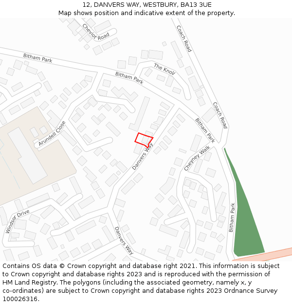 12, DANVERS WAY, WESTBURY, BA13 3UE: Location map and indicative extent of plot