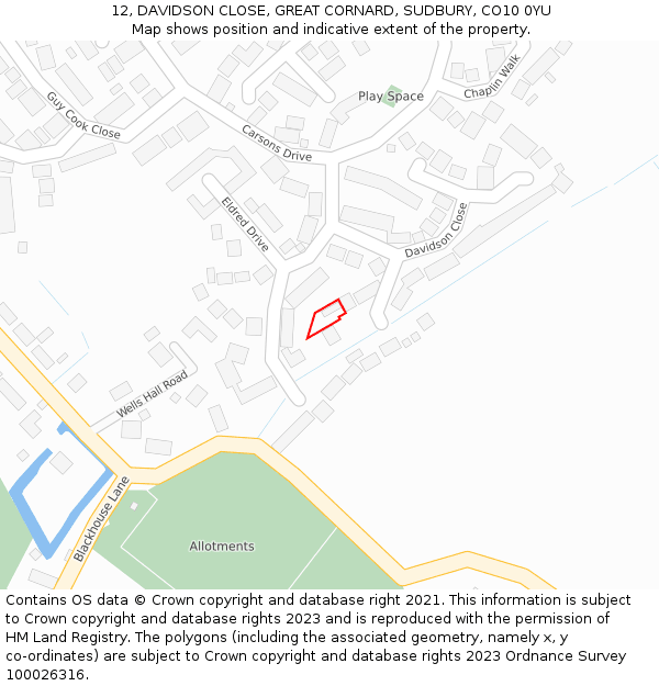 12, DAVIDSON CLOSE, GREAT CORNARD, SUDBURY, CO10 0YU: Location map and indicative extent of plot