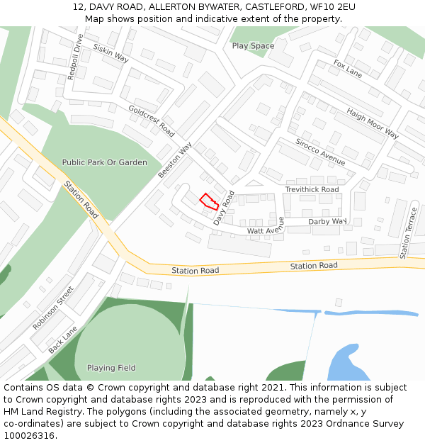 12, DAVY ROAD, ALLERTON BYWATER, CASTLEFORD, WF10 2EU: Location map and indicative extent of plot