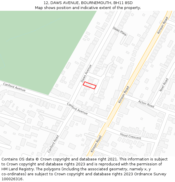 12, DAWS AVENUE, BOURNEMOUTH, BH11 8SD: Location map and indicative extent of plot