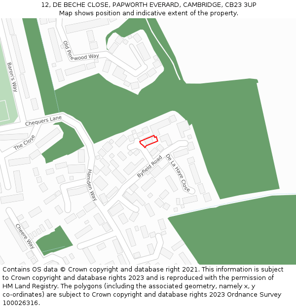 12, DE BECHE CLOSE, PAPWORTH EVERARD, CAMBRIDGE, CB23 3UP: Location map and indicative extent of plot