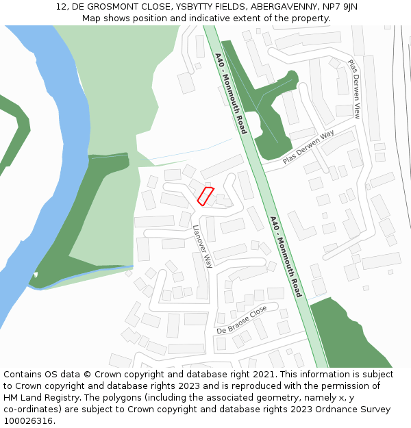 12, DE GROSMONT CLOSE, YSBYTTY FIELDS, ABERGAVENNY, NP7 9JN: Location map and indicative extent of plot