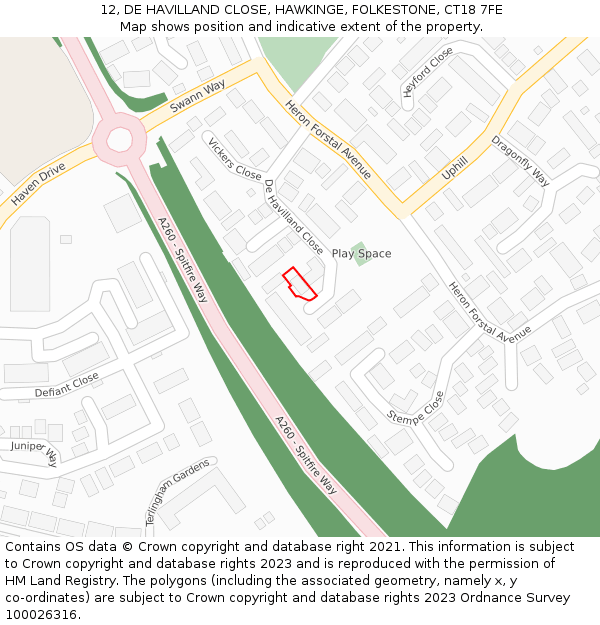 12, DE HAVILLAND CLOSE, HAWKINGE, FOLKESTONE, CT18 7FE: Location map and indicative extent of plot