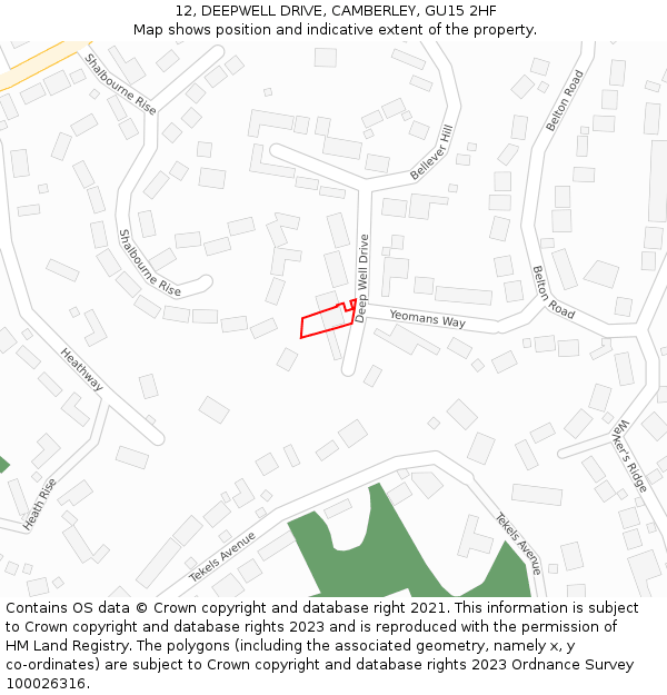 12, DEEPWELL DRIVE, CAMBERLEY, GU15 2HF: Location map and indicative extent of plot