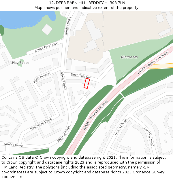 12, DEER BARN HILL, REDDITCH, B98 7LN: Location map and indicative extent of plot