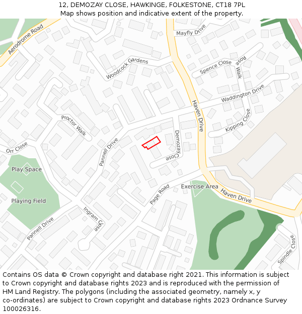12, DEMOZAY CLOSE, HAWKINGE, FOLKESTONE, CT18 7PL: Location map and indicative extent of plot