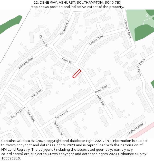 12, DENE WAY, ASHURST, SOUTHAMPTON, SO40 7BX: Location map and indicative extent of plot