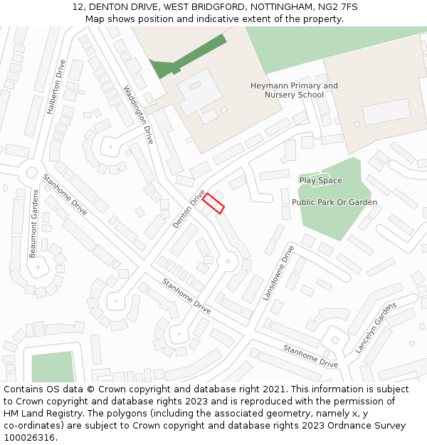 12, DENTON DRIVE, WEST BRIDGFORD, NOTTINGHAM, NG2 7FS: Location map and indicative extent of plot