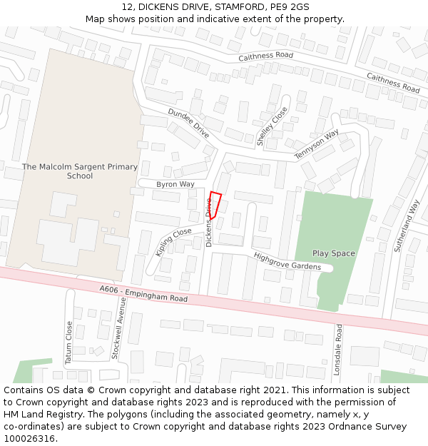 12, DICKENS DRIVE, STAMFORD, PE9 2GS: Location map and indicative extent of plot