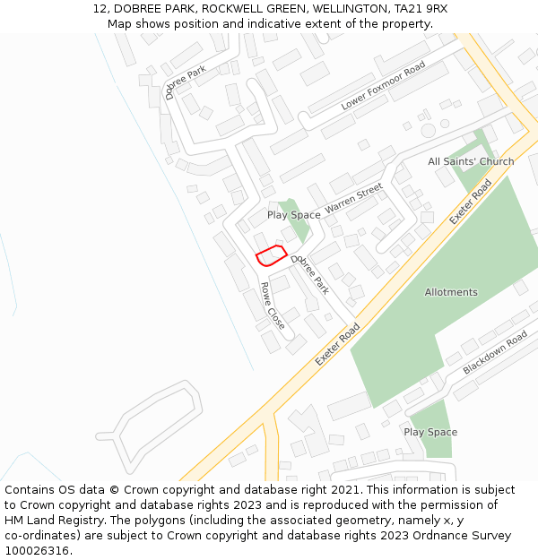 12, DOBREE PARK, ROCKWELL GREEN, WELLINGTON, TA21 9RX: Location map and indicative extent of plot