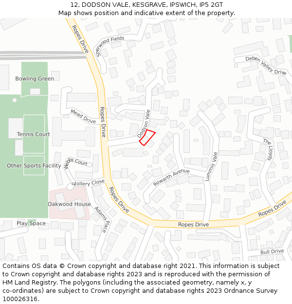 12, DODSON VALE, KESGRAVE, IPSWICH, IP5 2GT: Location map and indicative extent of plot