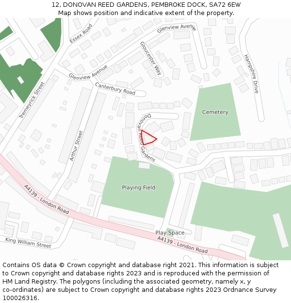 12, DONOVAN REED GARDENS, PEMBROKE DOCK, SA72 6EW: Location map and indicative extent of plot