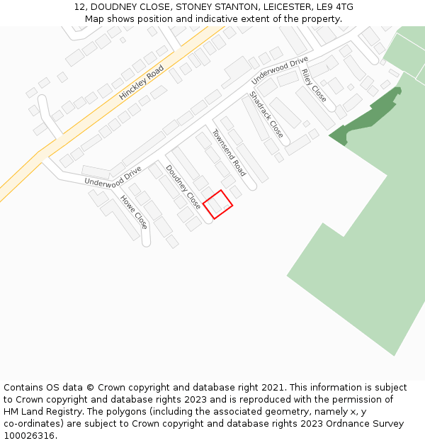 12, DOUDNEY CLOSE, STONEY STANTON, LEICESTER, LE9 4TG: Location map and indicative extent of plot