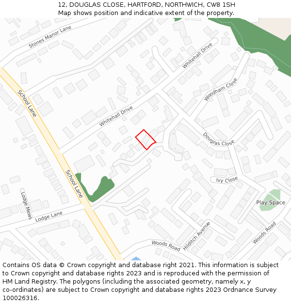 12, DOUGLAS CLOSE, HARTFORD, NORTHWICH, CW8 1SH: Location map and indicative extent of plot