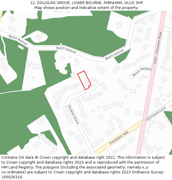 12, DOUGLAS GROVE, LOWER BOURNE, FARNHAM, GU10 3HP: Location map and indicative extent of plot