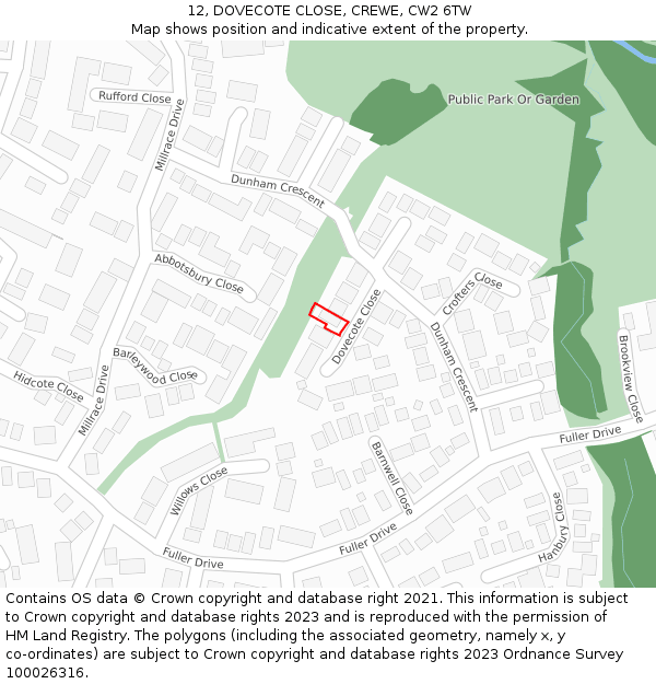 12, DOVECOTE CLOSE, CREWE, CW2 6TW: Location map and indicative extent of plot