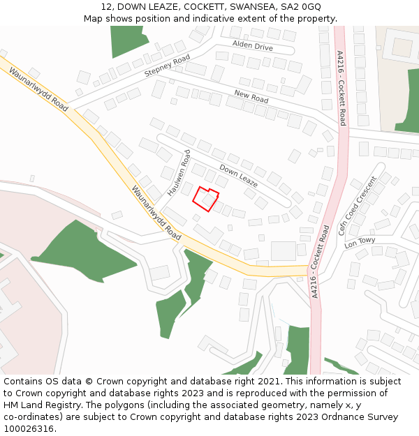 12, DOWN LEAZE, COCKETT, SWANSEA, SA2 0GQ: Location map and indicative extent of plot