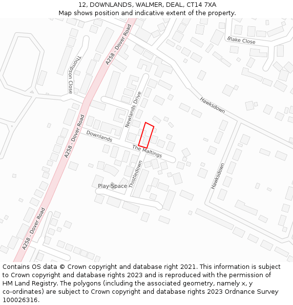 12, DOWNLANDS, WALMER, DEAL, CT14 7XA: Location map and indicative extent of plot