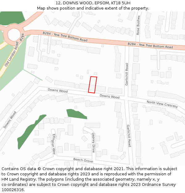 12, DOWNS WOOD, EPSOM, KT18 5UH: Location map and indicative extent of plot