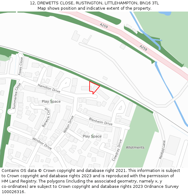 12, DREWETTS CLOSE, RUSTINGTON, LITTLEHAMPTON, BN16 3TL: Location map and indicative extent of plot