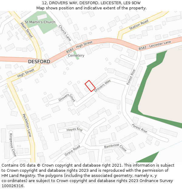 12, DROVERS WAY, DESFORD, LEICESTER, LE9 9DW: Location map and indicative extent of plot