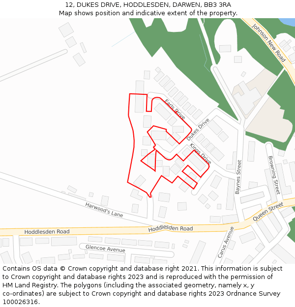 12, DUKES DRIVE, HODDLESDEN, DARWEN, BB3 3RA: Location map and indicative extent of plot
