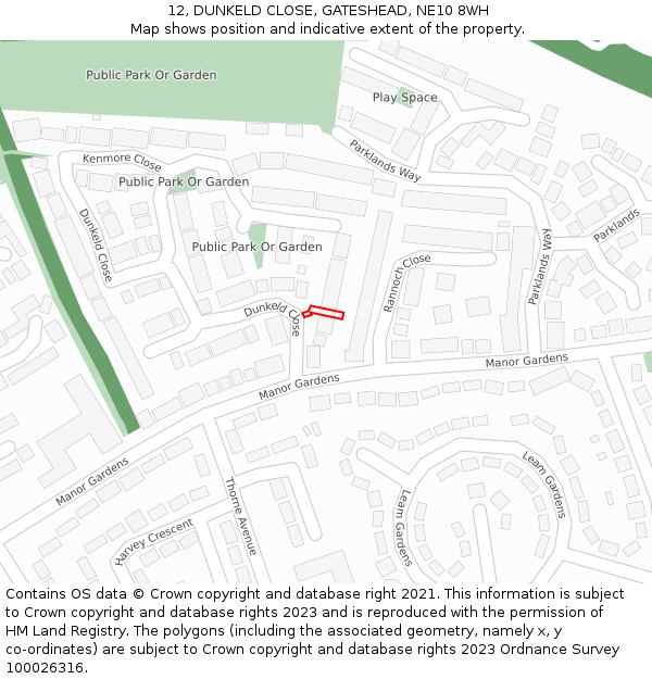 12, DUNKELD CLOSE, GATESHEAD, NE10 8WH: Location map and indicative extent of plot