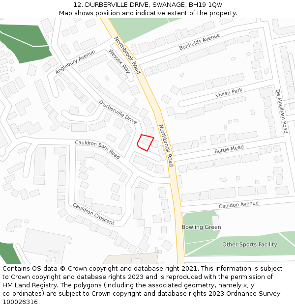 12, DURBERVILLE DRIVE, SWANAGE, BH19 1QW: Location map and indicative extent of plot