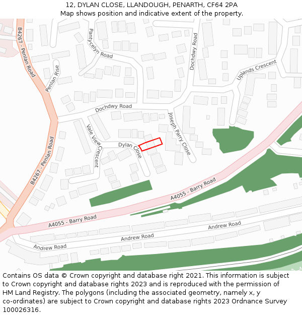 12, DYLAN CLOSE, LLANDOUGH, PENARTH, CF64 2PA: Location map and indicative extent of plot