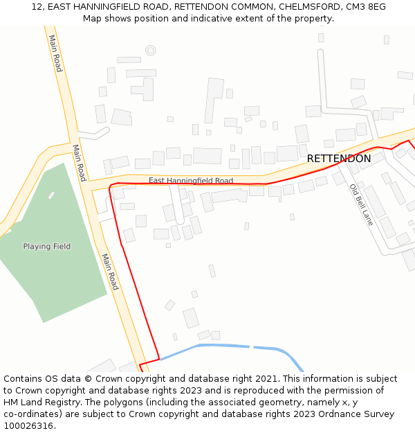 12, EAST HANNINGFIELD ROAD, RETTENDON COMMON, CHELMSFORD, CM3 8EG: Location map and indicative extent of plot