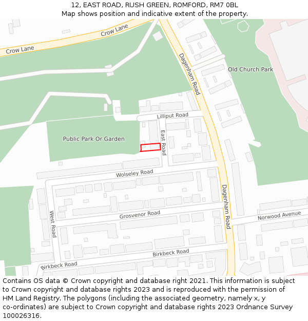 12, EAST ROAD, RUSH GREEN, ROMFORD, RM7 0BL: Location map and indicative extent of plot