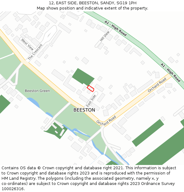 12, EAST SIDE, BEESTON, SANDY, SG19 1PH: Location map and indicative extent of plot