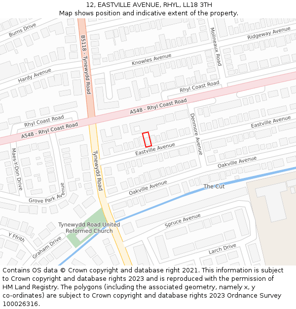 12, EASTVILLE AVENUE, RHYL, LL18 3TH: Location map and indicative extent of plot