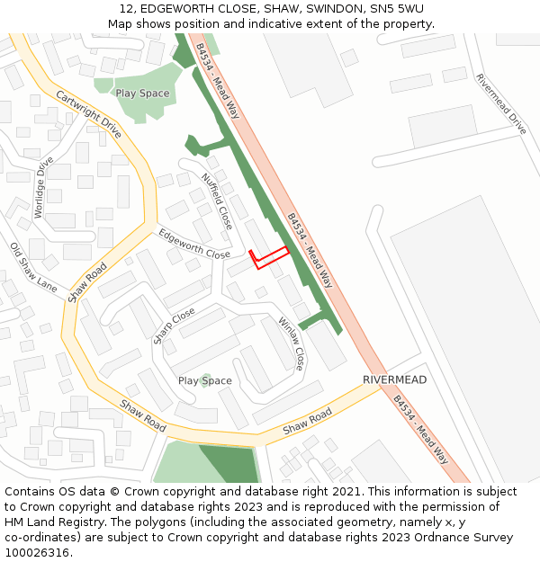 12, EDGEWORTH CLOSE, SHAW, SWINDON, SN5 5WU: Location map and indicative extent of plot