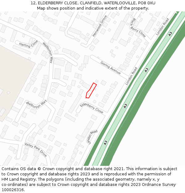 12, ELDERBERRY CLOSE, CLANFIELD, WATERLOOVILLE, PO8 0XU: Location map and indicative extent of plot