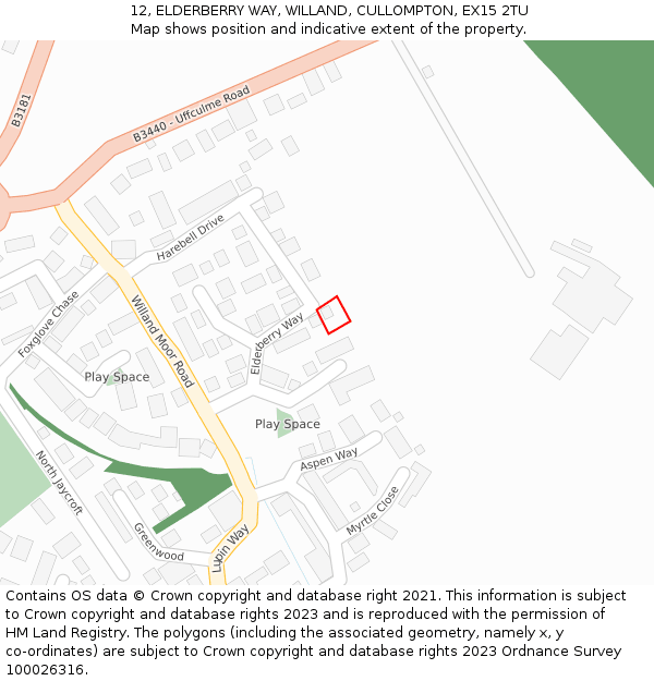 12, ELDERBERRY WAY, WILLAND, CULLOMPTON, EX15 2TU: Location map and indicative extent of plot