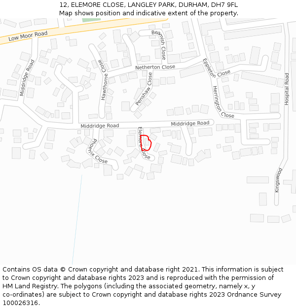 12, ELEMORE CLOSE, LANGLEY PARK, DURHAM, DH7 9FL: Location map and indicative extent of plot