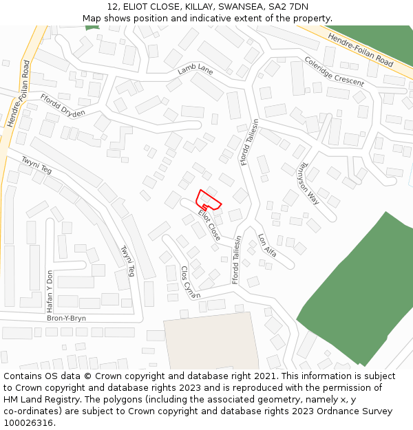 12, ELIOT CLOSE, KILLAY, SWANSEA, SA2 7DN: Location map and indicative extent of plot