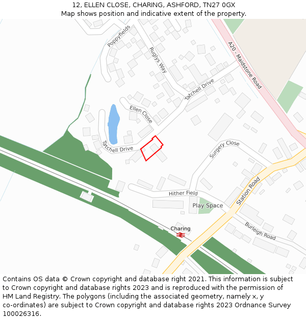 12, ELLEN CLOSE, CHARING, ASHFORD, TN27 0GX: Location map and indicative extent of plot