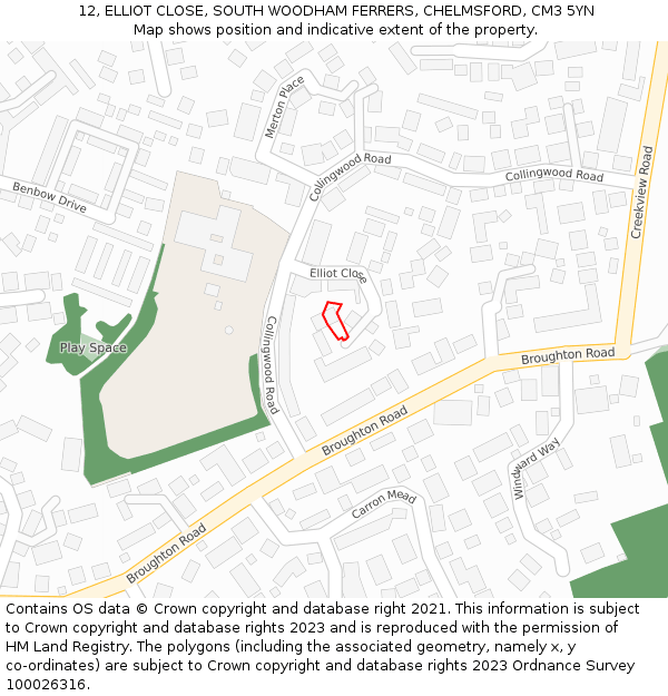 12, ELLIOT CLOSE, SOUTH WOODHAM FERRERS, CHELMSFORD, CM3 5YN: Location map and indicative extent of plot