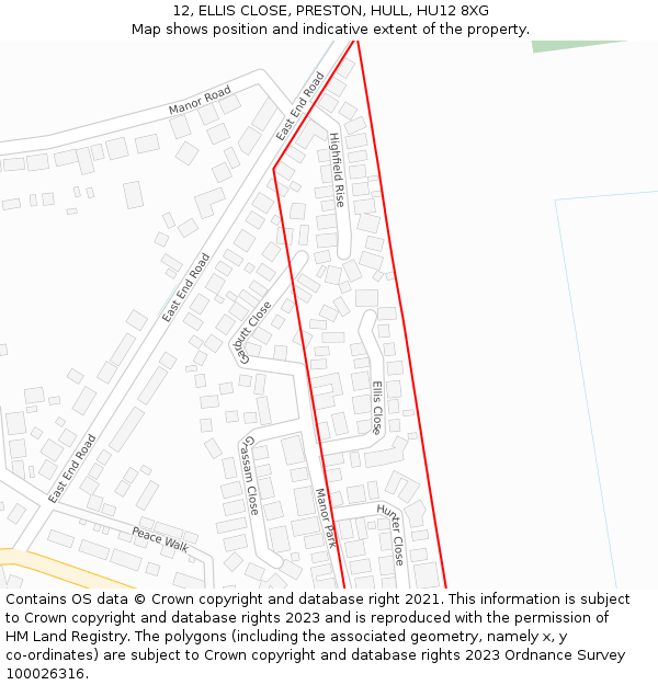 12, ELLIS CLOSE, PRESTON, HULL, HU12 8XG: Location map and indicative extent of plot